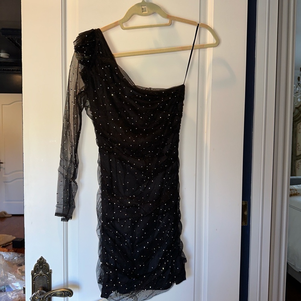 zara black rhinestone one shoulder black bodycon dress - Picture 1 of 3